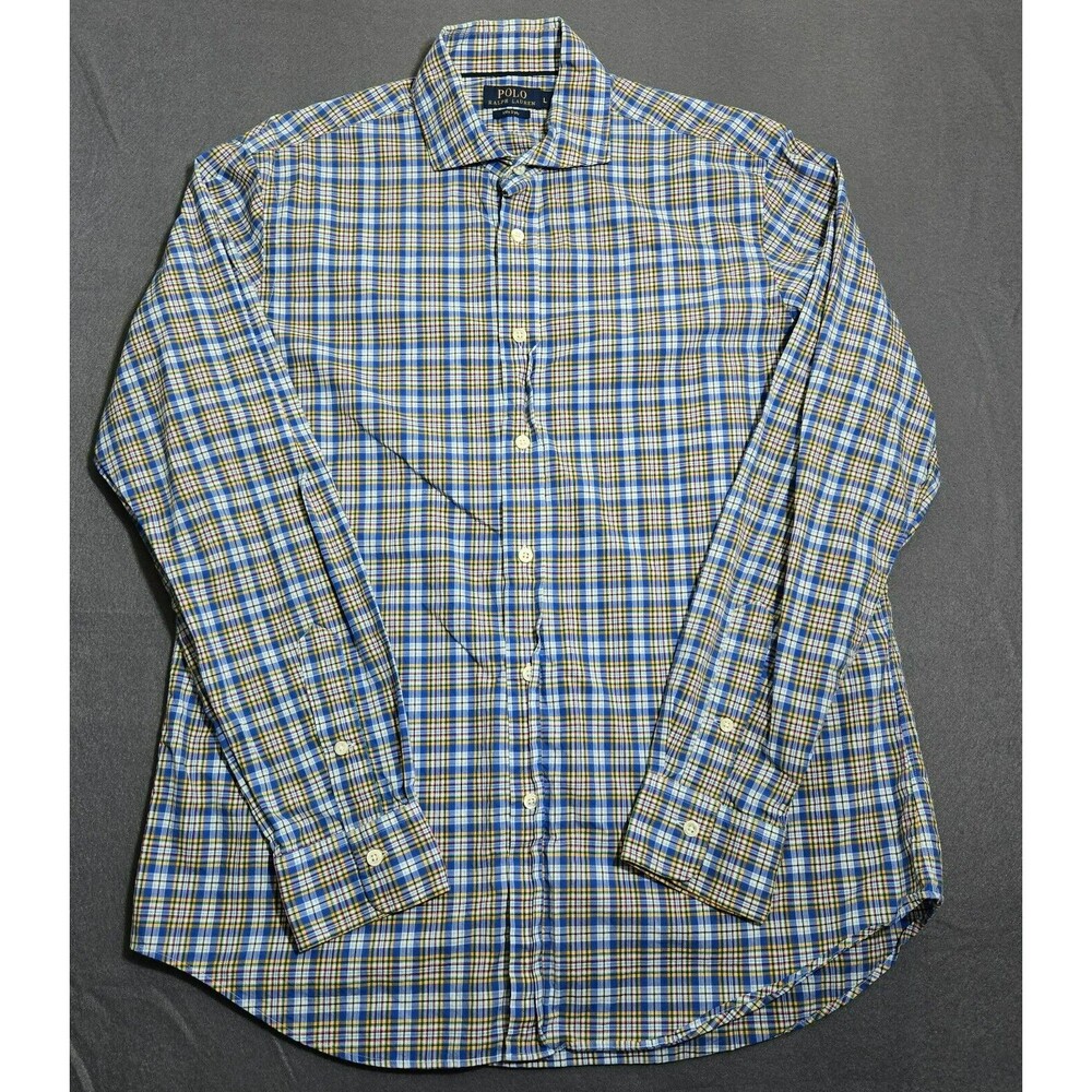 Polo Ralph Lauren Dress Shirt Men L 120's 2-Ply Blue Plaid Long Sleeve Button Up